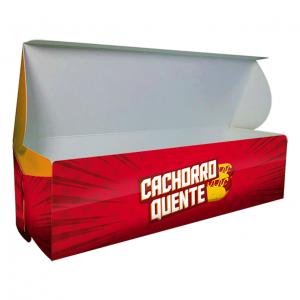 Embalagem para Cachorro quente Personalizada Couchê 300gr 21,7 x 5,6 cm 4/0 - Frente Colorida e interior Branco  Corte e Vinco 